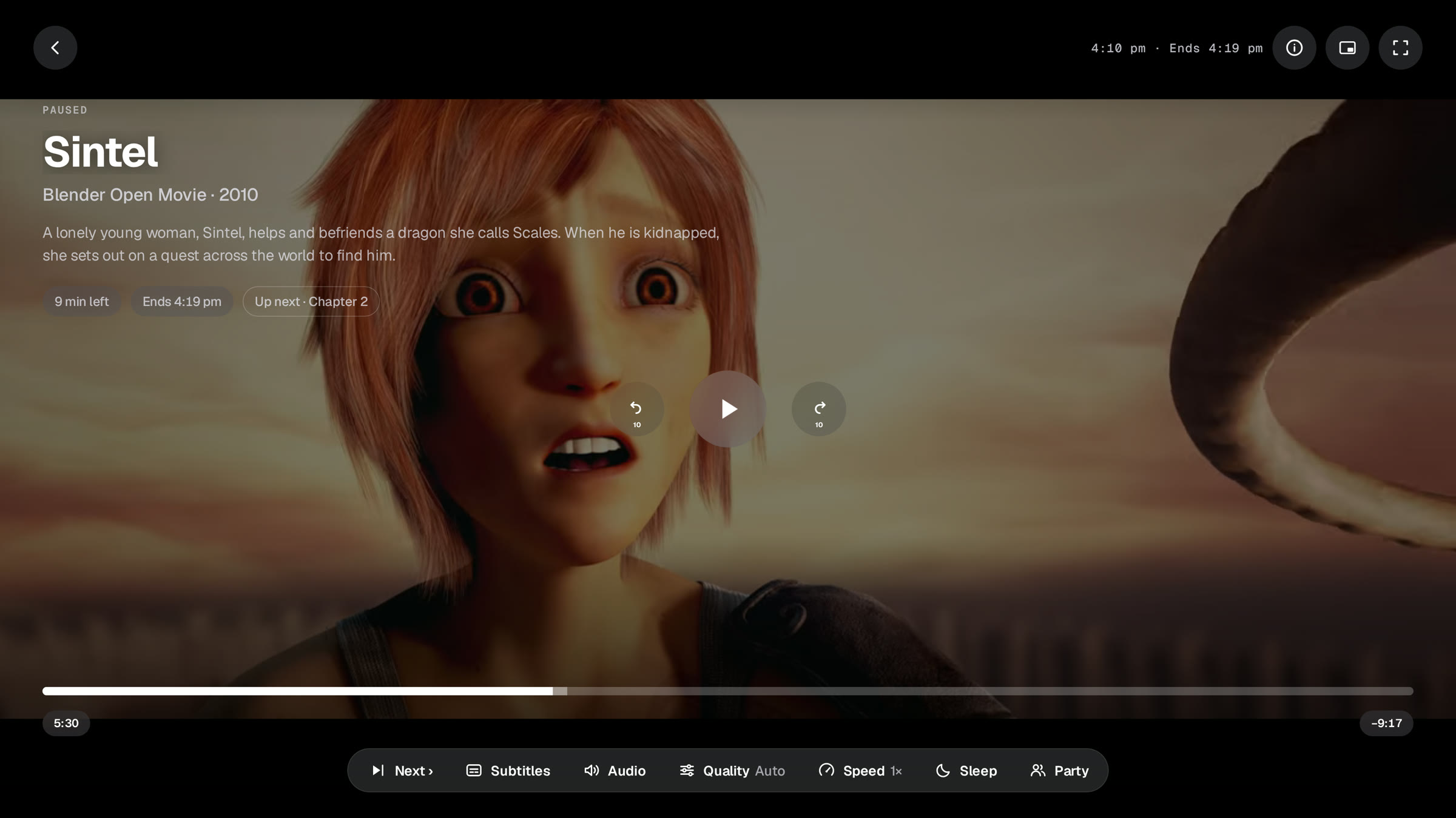 The player paused, showing the title, synopsis and time remaining