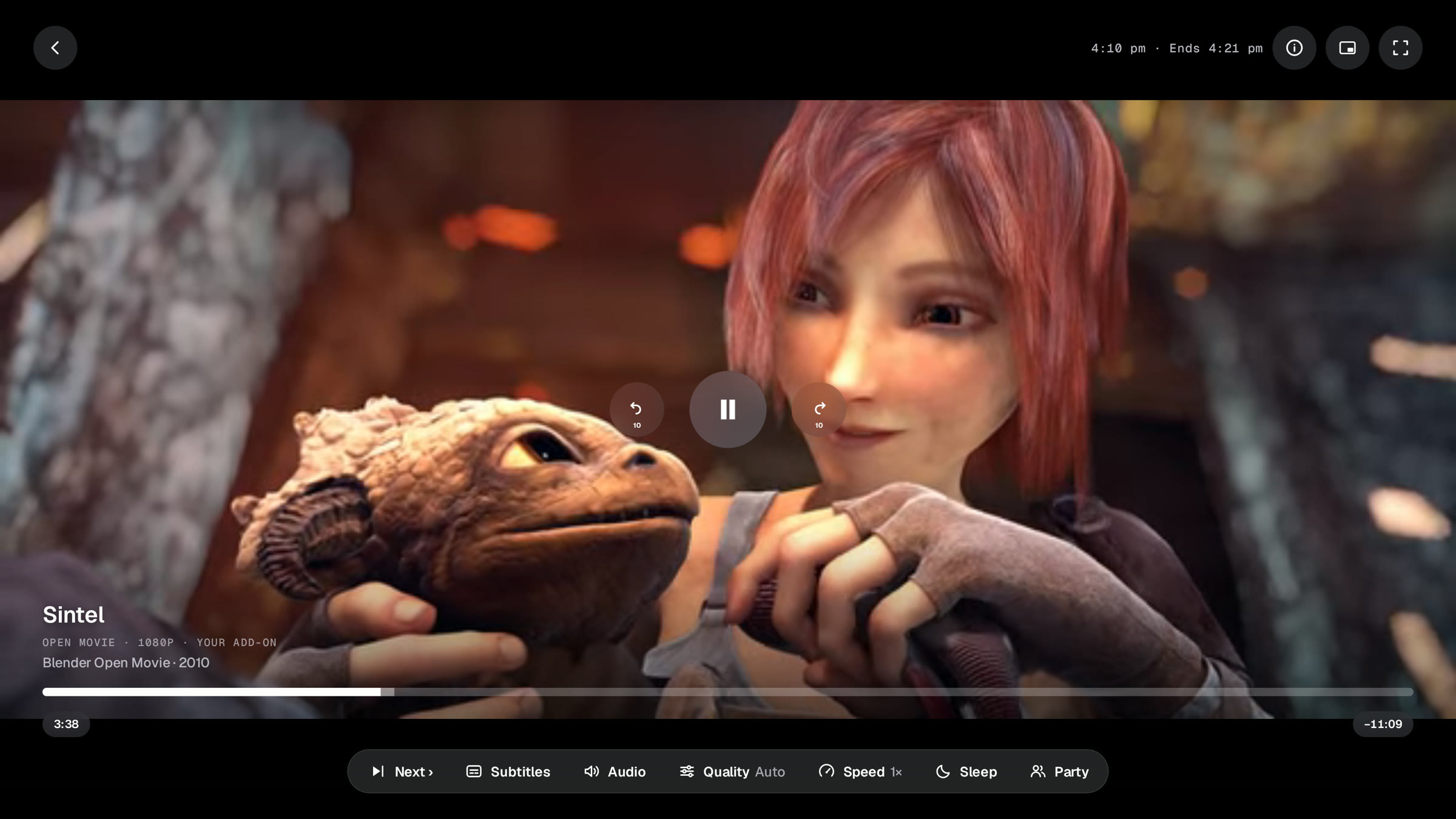 Nebula playing a film on a TV, with the title, its source and the toolbar showing