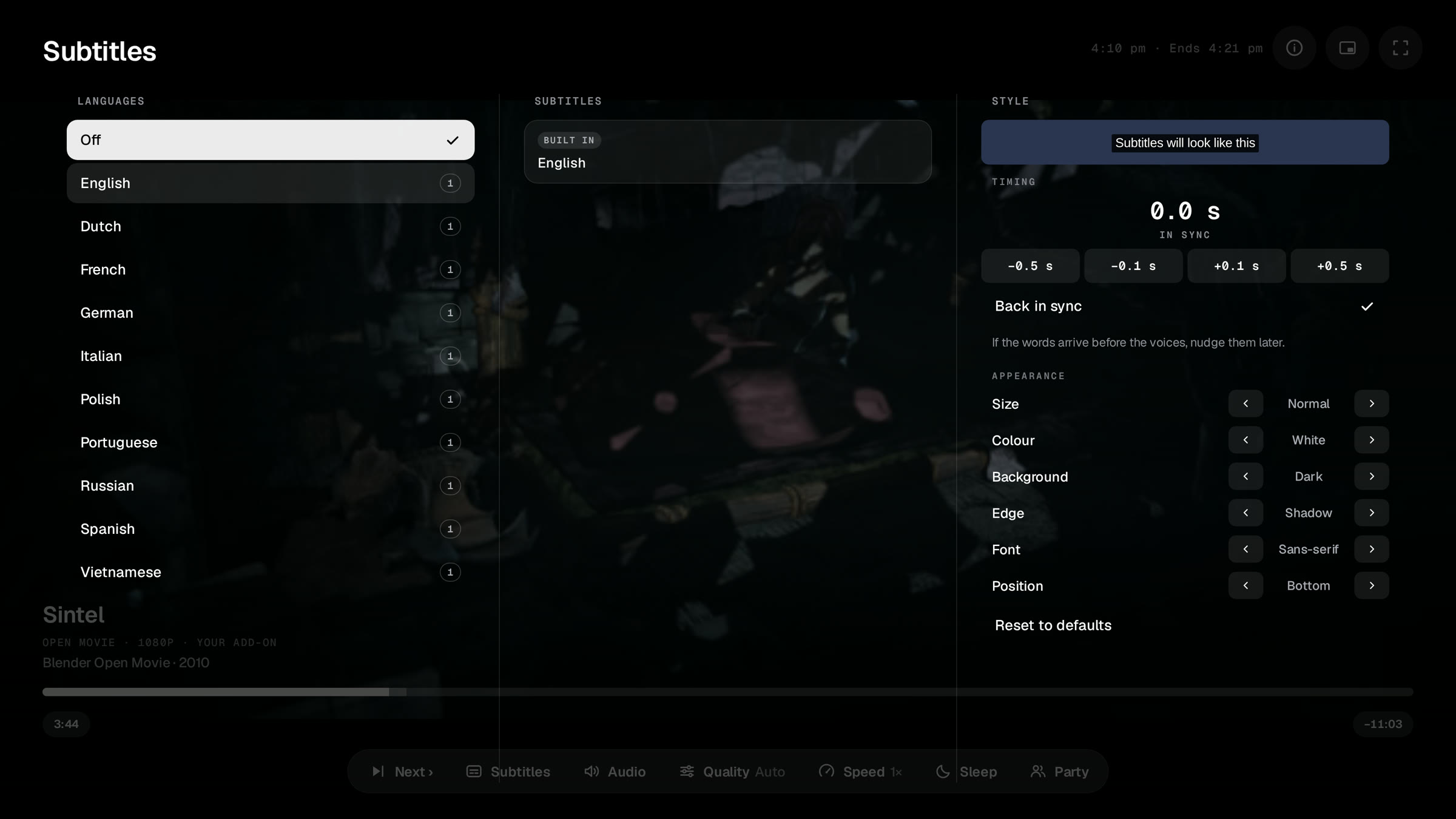 The subtitles panel: languages with counts, the tracks for one language, and timing and appearance controls